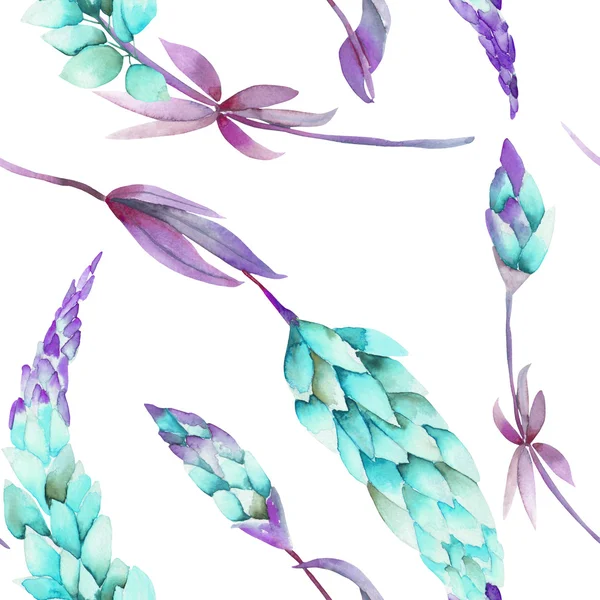 Bezešvé vzory s akvarel modrými květy Lupine — Stock fotografie