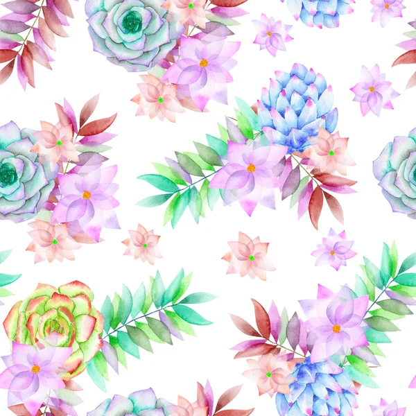 A seamless watercolor pattern with the succulents, flowers, leaves and branches — 图库照片