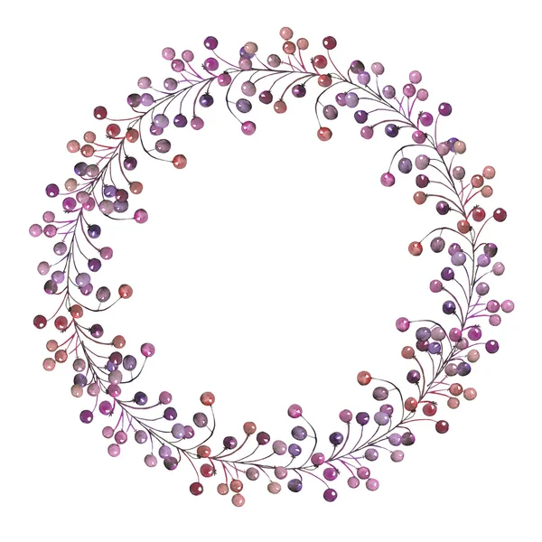 A frame, wreath, frame border for a text with the watercolor purple and violet berries on the  branches, hand-drawn on a white background, a greeting card, a decoration postcard, invitation — ストック写真