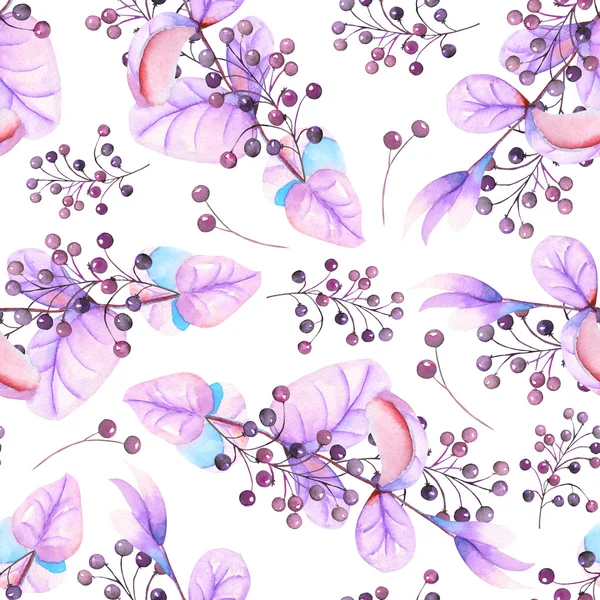Безшовний квітковий візерунок з акварельними фіолетовими листям і ягодами на гілках — стокове фото