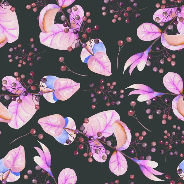 Patrón floral sin costuras con las hojas de color púrpura acuarela y bayas en las ramas — Foto de Stock