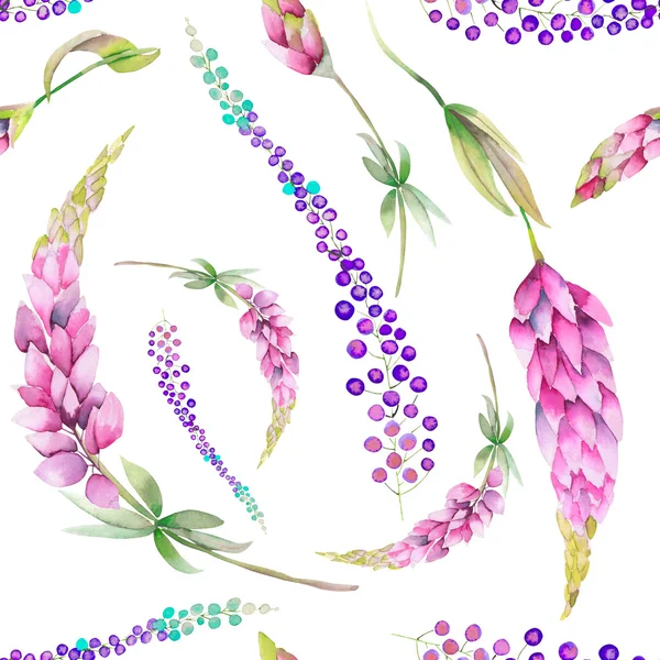 Patrón sin costuras con las flores de altramuz púrpura acuarela y flores abstractas mimosa — Foto de Stock