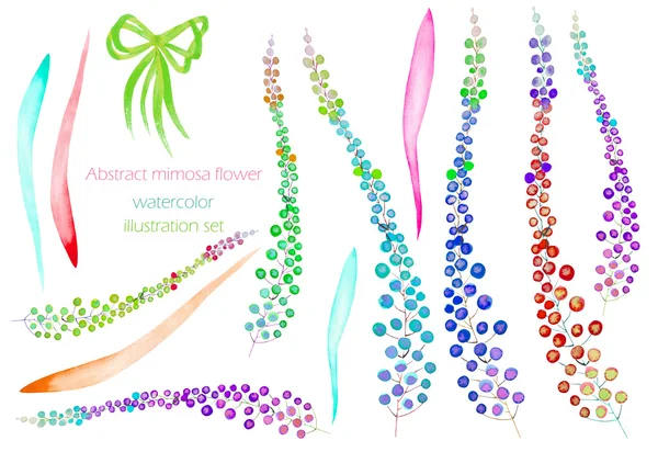 En uppsättning, samling av akvarell abstrakt brokig Mimosa blommor och blad — Stockfoto