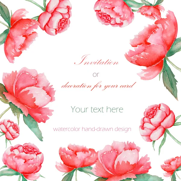 Plantilla de tarjeta con el diseño floral; peonías rojas acuarela — Foto de Stock