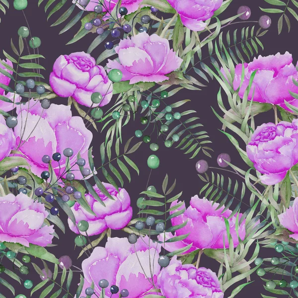 Ein nahtloses Muster mit den aquarellierten violetten Pfingstrosen, Beeren, Blättern und Zweigen — Stockfoto