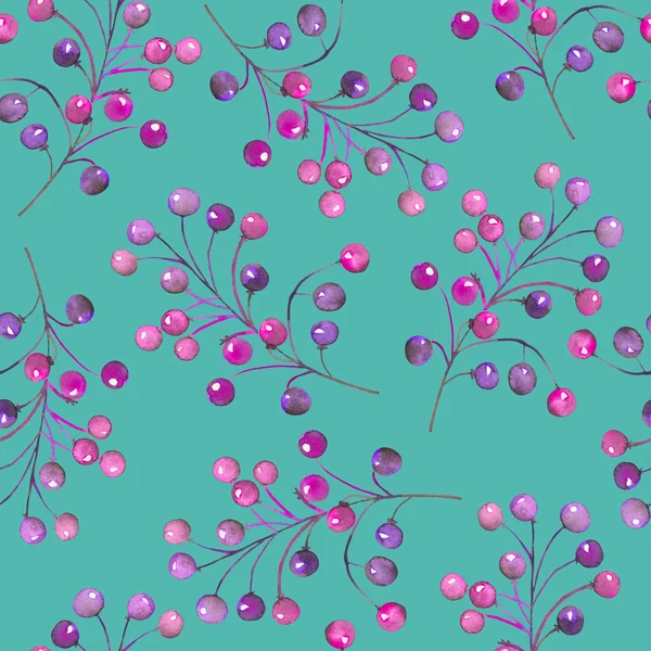 Bezproblémové květinové vzory s akvarovou fialovou bobulí na větvích — Stock fotografie