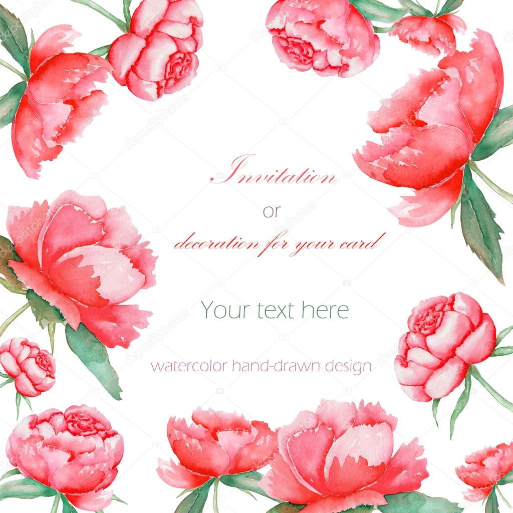 Card template with the floral design; watercolor red peonies