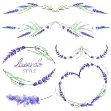 A set with the frame borders, floral decorative ornaments with the watercolor lavender flowers for a wedding or other decoration