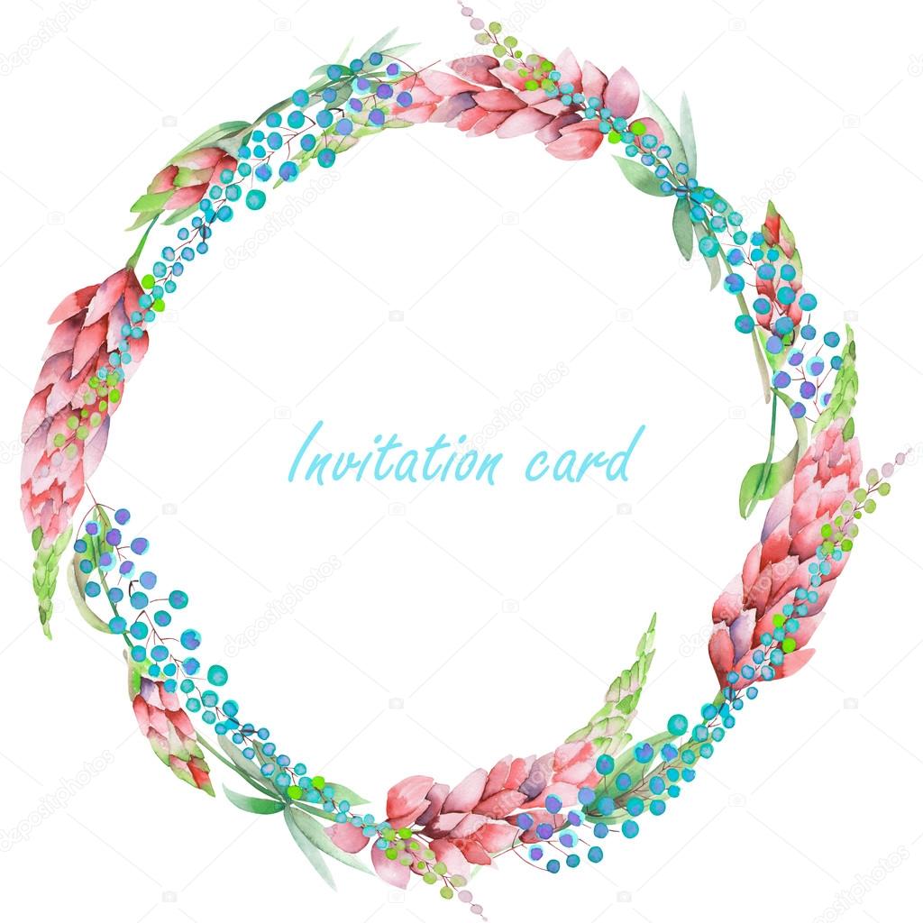 Circle frame, wreath with the floral design; watercolor floral elements of the pink lupine flowers and abstract mimosa flowers