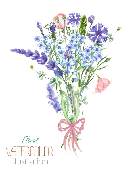 Un'illustrazione con un bouquet del bellissimo acquerello blu fiore Myosotis, fiori di mais e fiori di lavanda, disegnato a mano in un acquerello — Foto Stock