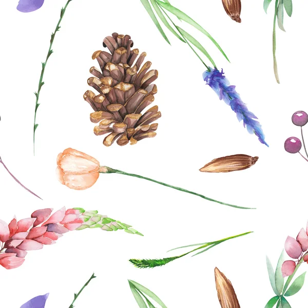 Un modello senza soluzione di continuità con un ornamento floreale degli elementi della foresta acquerello: bacche, coni, lavanda, fiori di campo e rami — Foto Stock