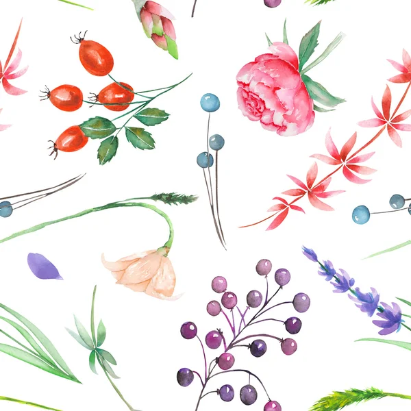 Бесшовный узор с цветочным орнаментом элементов акварельного леса: ягод, лаванды, полевых цветов и ветвей — стоковое фото