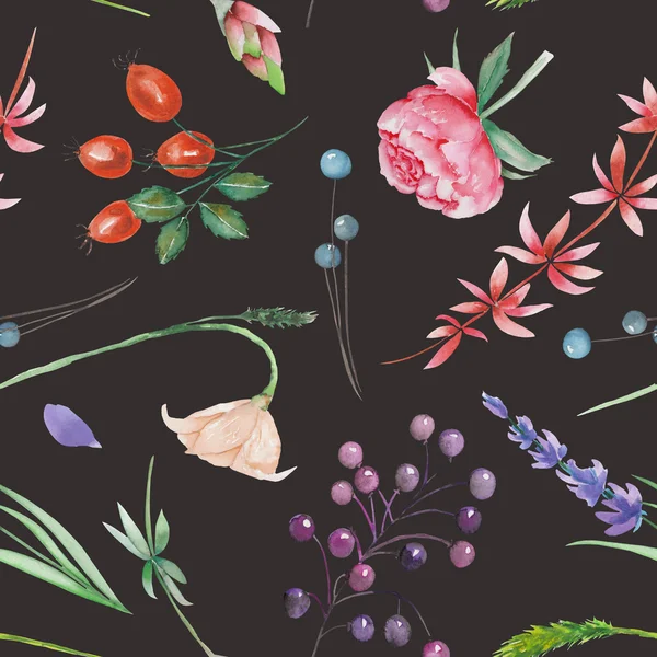 Ein nahtloses Muster mit einem floralen Ornament der Aquarell-Waldelemente: Beeren, Lavendel, Wildblumen und Zweige — Stockfoto