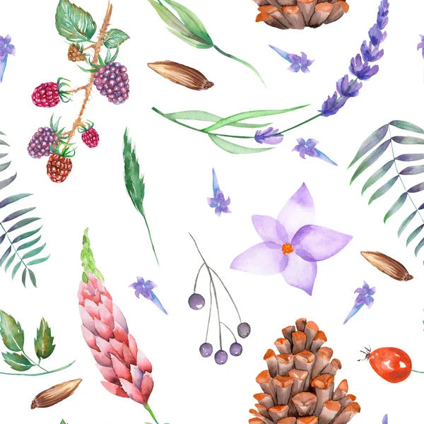 Ein nahtloses Muster mit einem floralen Ornament der Aquarell-Waldelemente: Beeren, Zapfen, Lavendel, Wildblumen und Zweige — Stockfoto