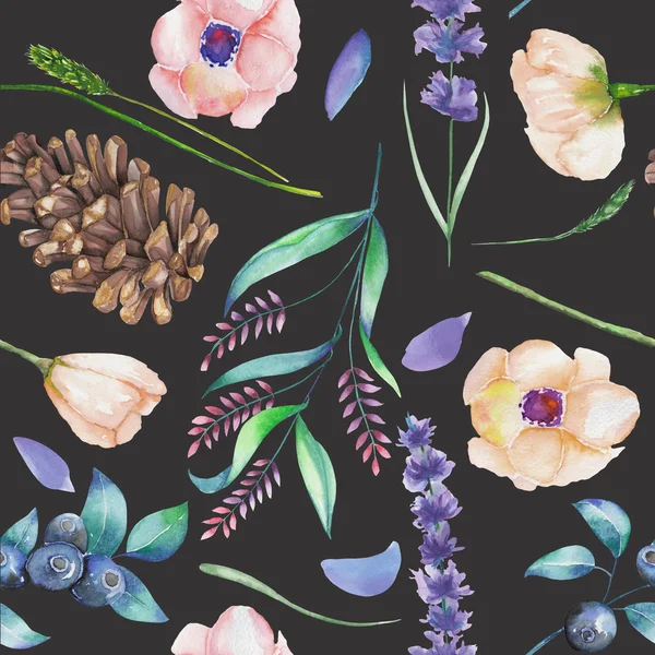 열매, 콘, 라벤더, 야생화 및 가지 : 수채화 숲 요소의 꽃 장식과 원활한 패턴 — 스톡 사진