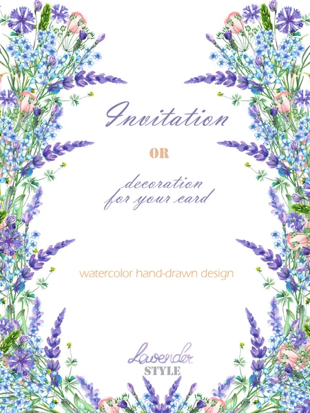 Vorlage Postkarte mit floralem Muster; Aquarell florale Elemente aus Lavendel, Kornblume, Vergissmeinnicht und Eustoma-Blumen — Stockfoto