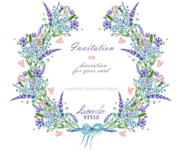 Cirkel ram, krans med blommönster; akvarell blommig element av lavendel, blåklint, förgätmigej och Eustomor blommor — Stockfoto