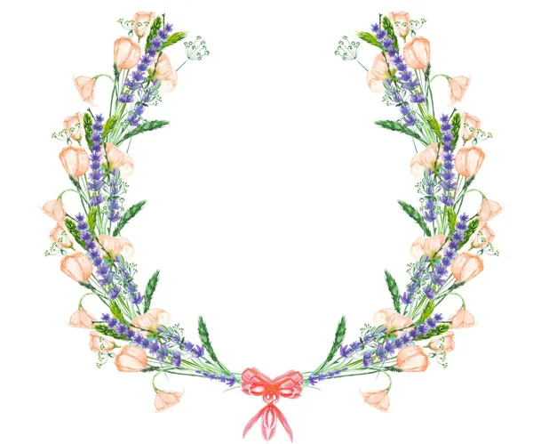 Cadre circulaire, couronne au motif floral ; éléments floraux aquarelle des fleurs de lavande, fleurs sauvages et eustomes — Photo