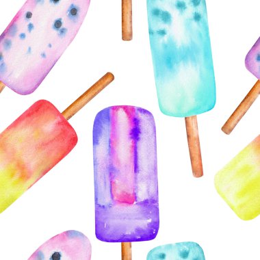 Dondurulmuş suyu lolly ile Dikişsiz desen, beyaz bir arka plan üzerinde bir suluboya çizilmiş el