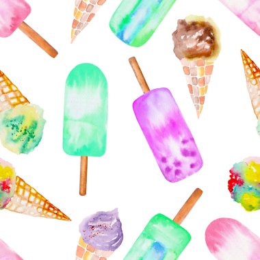 Suyu lolly, elle bir suluboya beyaz bir arka plan üzerinde çizilmiş dondurulmuş dondurma koni ile Seamless Modeli