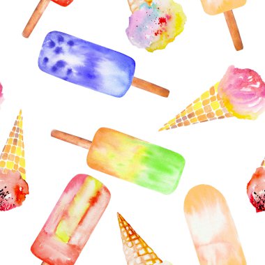 Suyu lolly, elle bir suluboya beyaz bir arka plan üzerinde çizilmiş dondurulmuş dondurma koni ile Seamless Modeli