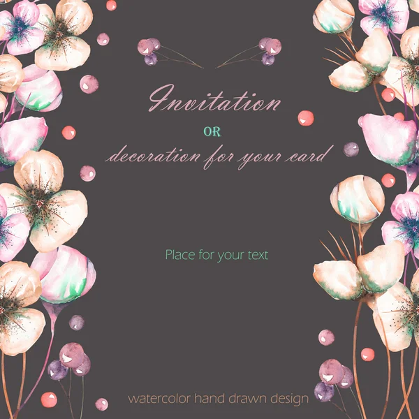 Template postcard with the watercolor pink abstract flowers and berries, wedding design, greeting card or invitation — Stock Photo, Image