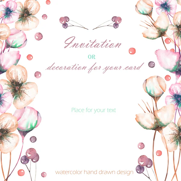 Sablon képeslap a akvarell rózsaszín absztrakt virágok és bogyók, esküvői tervezés, üdvözlőlap vagy meghívó — Stock Fotó