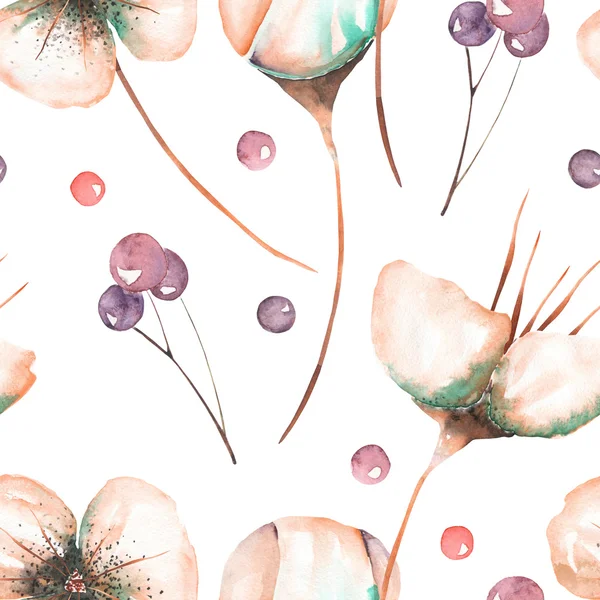Безшовний квітковий візерунок з акварельними рожевими абстрактними квітами та ягодами — стокове фото