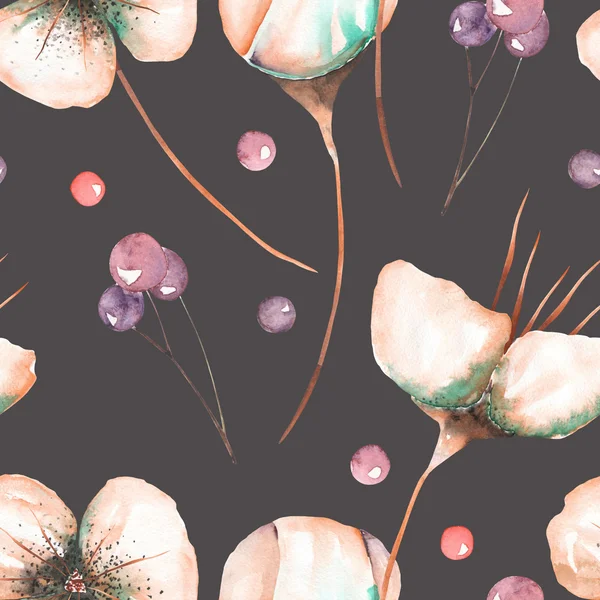 无缝花纹与水彩粉红色的抽象花朵和浆果 — 图库照片