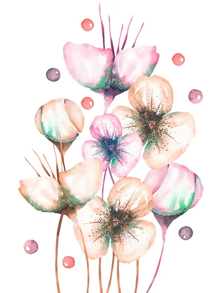 Illustrazione con i bellissimi fiori astratti ad acquerello, disegnati a mano su sfondo bianco — Foto Stock