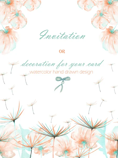 Template postcard with the watercolor pink and mint air flowers and dandelion fuzzies, wedding design, greeting card or invitation