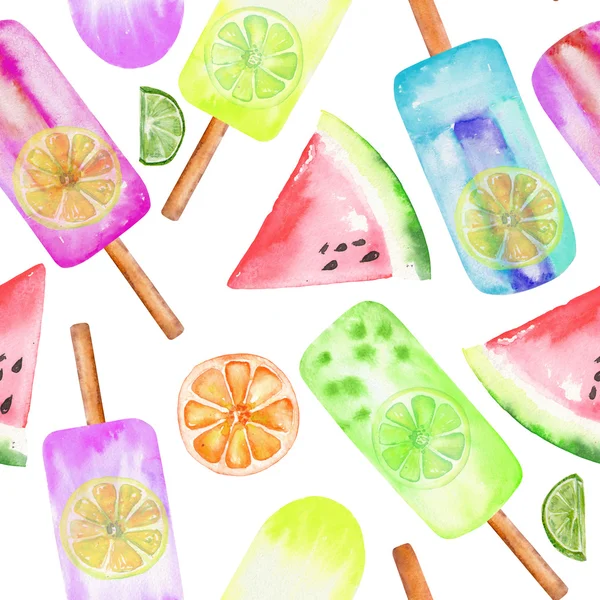 Jégkrém, fagyasztott gyümölcslé, citrus és görögdinnye minta, kézzel rajzolt egy akvarell, fehér alapon — Stock Fotó
