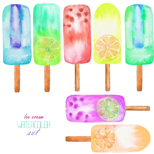 Set, collection with the watercolor citrus ice lolly, frozen juice — Stock Photo, Image