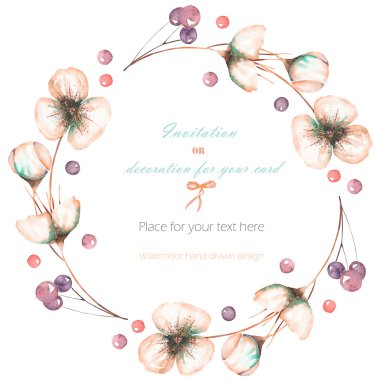 Wreath, frame with the watercolor pink abstract flowers and berries, wedding design, greeting card or invitation