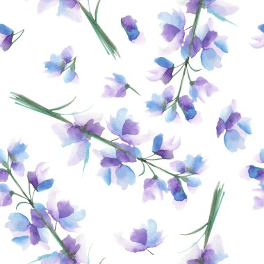 Mavi, mor ve mor Delphinium çiçekleri ile suluboya dalları ile dikişsiz desen
