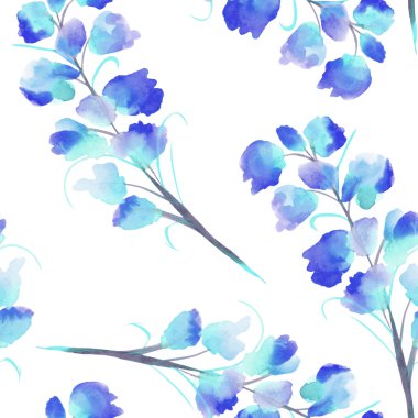 Mavi Delphinium çiçekleri ile suluboya dalları ile dikişsiz desen