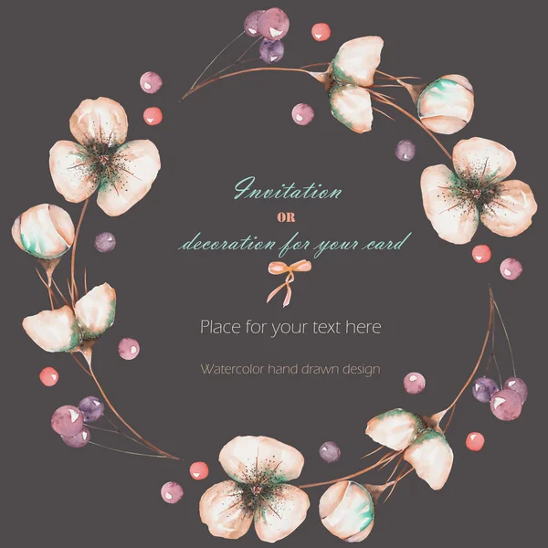 Венок, рамка с акварелью розовые абстрактные цветы и ягоды, свадебный дизайн, открытка или приглашение — стоковое фото