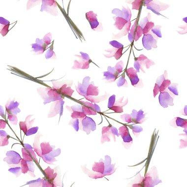 Mor ve mor Delphinium çiçekleri ile suluboya dalları ile dikişsiz desen