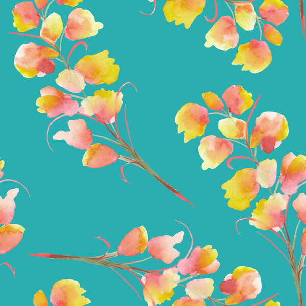 Бесшовный узор с ветвями акварели с оранжевым, желтым и красным цветами Delphinium
