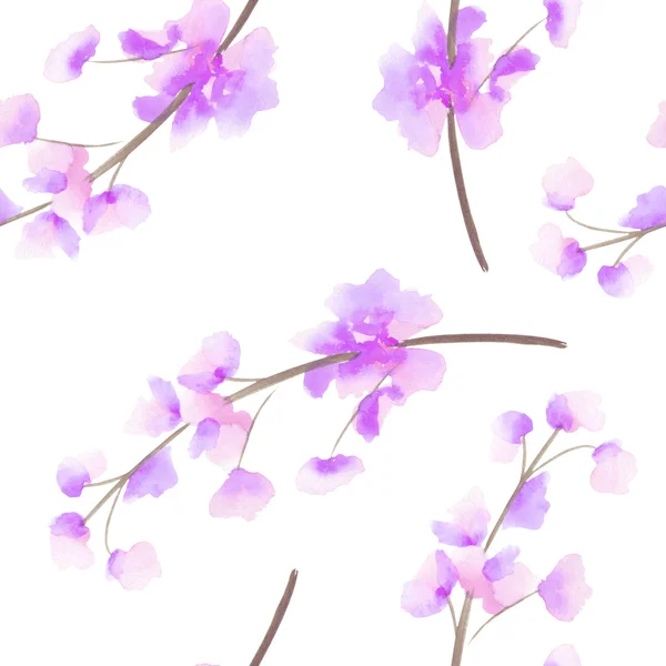 Bezszwowy wzór z gałęzi akwareli z różowym, fioletowym i fioletowym kwiatów delphinium — Zdjęcie stockowe