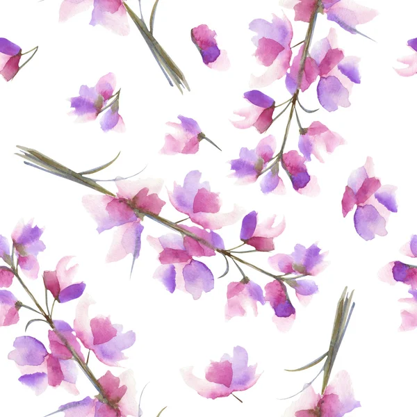 Nahtloses Muster mit den Aquarell-Zweigen mit den lila und violetten Delphinium-Blüten — Stockfoto