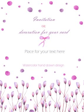 Frame border, template postcard with the tender pink and purple branches and watercolor spots, hand drawn in a watercolor on a white background, greeting card, decoration postcard or invitation
