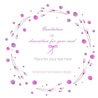 Frame border, wreath of  the tender pink and purple branches and watercolor spots, hand drawn in a watercolor on a white background, greeting card, decoration postcard or invitation