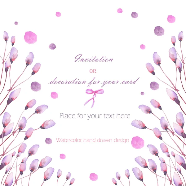 Frame, template postcard with the pink and purple branches and watercolor spots, hand drawn in a watercolor on a white background, greeting card, decoration postcard or invitation — Stock Photo, Image
