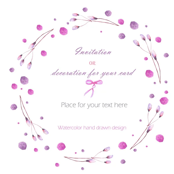 Frame border, wreath of  the tender pink and purple branches and watercolor spots, hand drawn in a watercolor on a white background, greeting card, decoration postcard or invitation — Stockfoto
