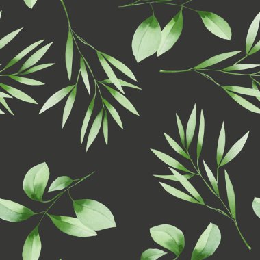 Sulu Boya yeşil ile sorunsuz çiçek desenli dallarda yapraklar