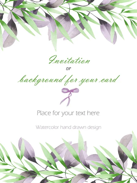 Frame border, template postcard with the tender green and purple branches, hand drawn in a watercolor on a white background, greeting card, decoration postcard or invitation — 스톡 사진