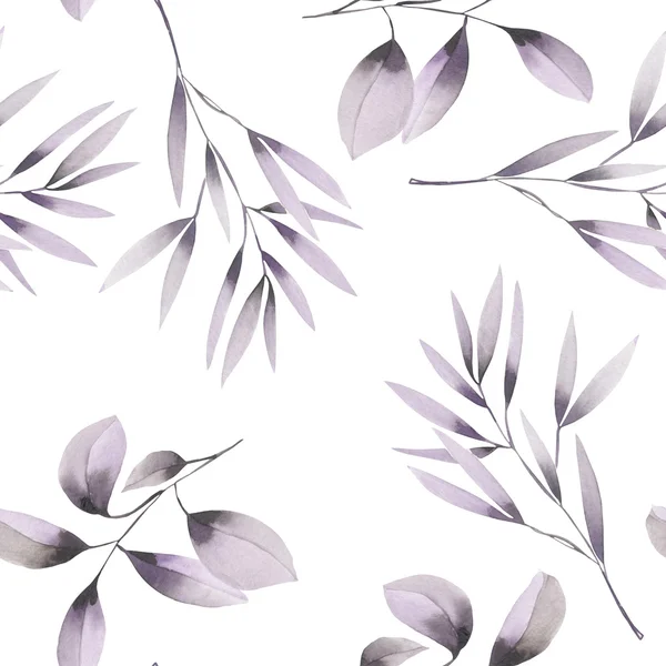 Seamless floral pattern with the watercolor purple leaves on the branches — Stock Photo, Image