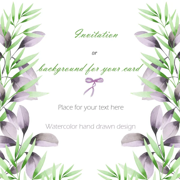 Frame border, template postcard with the tender green and purple branches, hand drawn in a watercolor on a white background, greeting card, decoration postcard or invitation — Zdjęcie stockowe