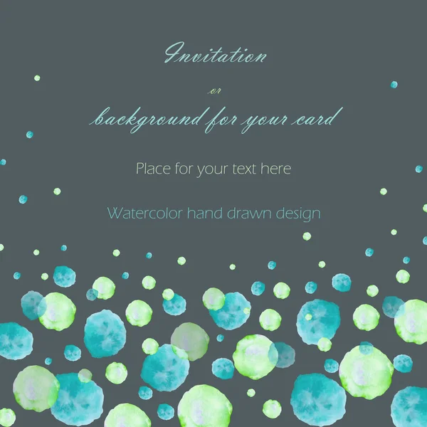Mall vykort med akvarell grön och turkos bubblor (fläckar, blots), hand dras på en mörk bakgrund, gratulationskort, dekoration vykort eller inbjudan — Stockfoto